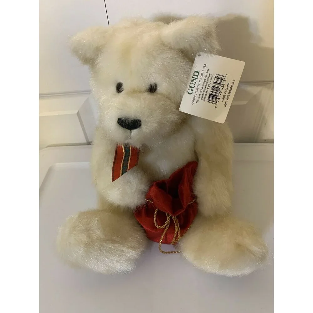 GUND CHRISTMAS PRESENT RED SATIN BAG PLUSH CREAM TEDDY BEAR 43475 STUFFED ANIMAL
